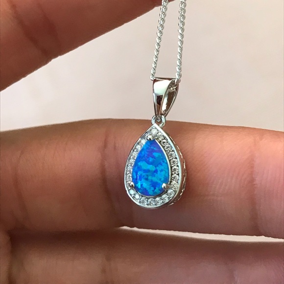 Blue Opal and CZ Sterling Silver Necklace - Picture 4 of 8